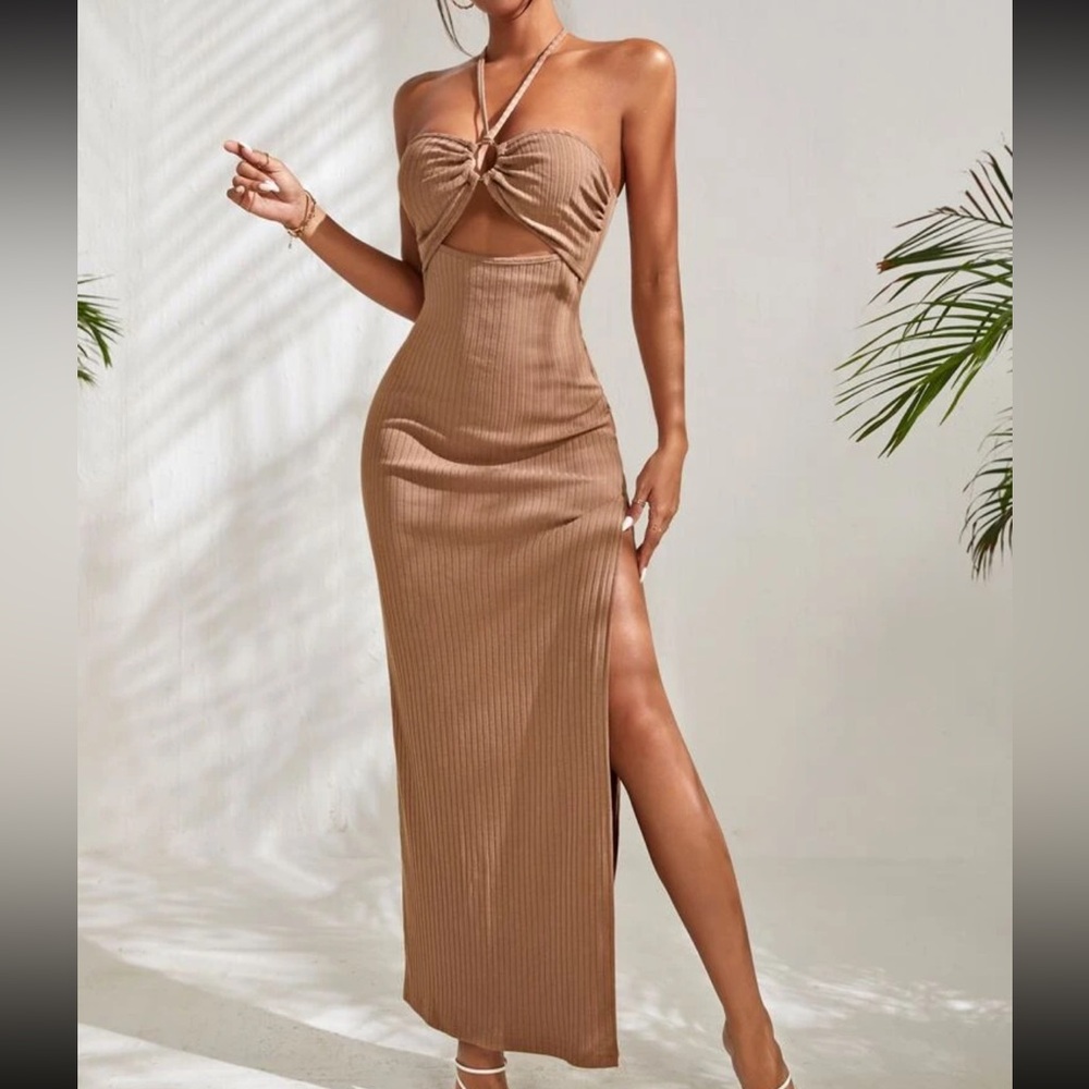 Tan maxi dress with cut-out detail and tie-up top